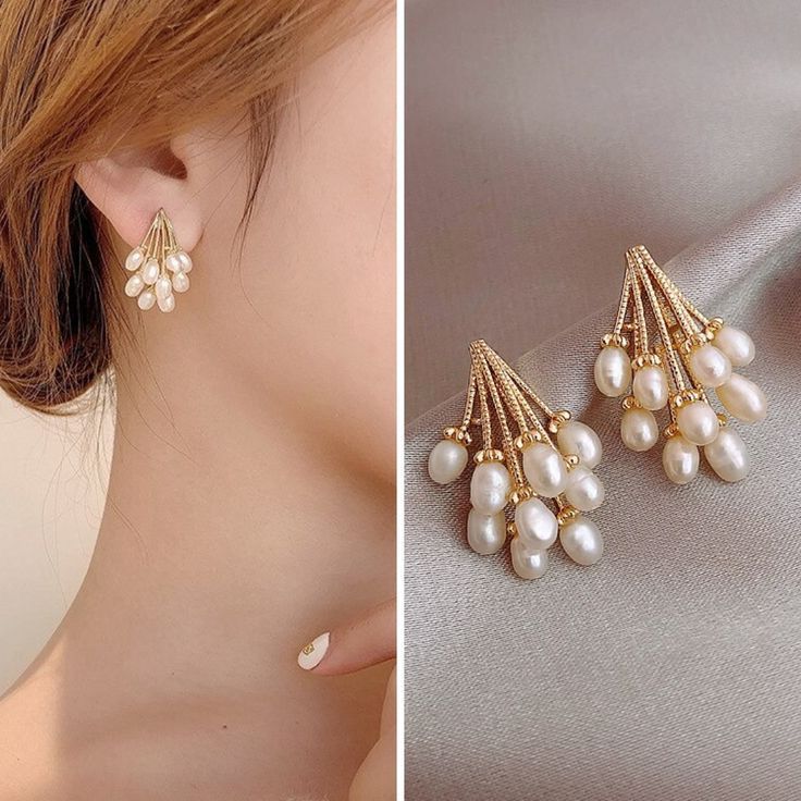 Pearl earrings worn by a person and on a gray surface