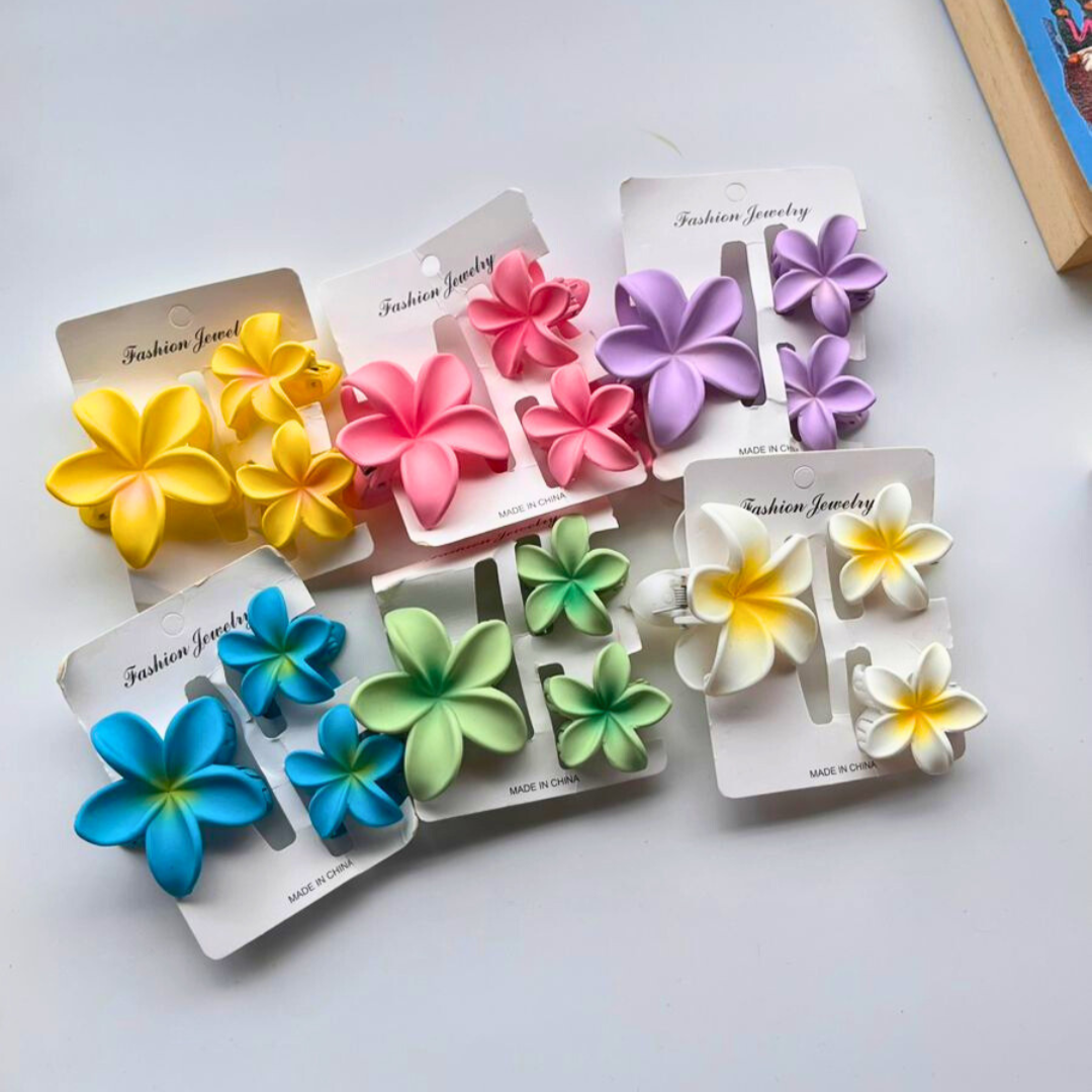 Set of colourful flower-shaped hair clips on white background.