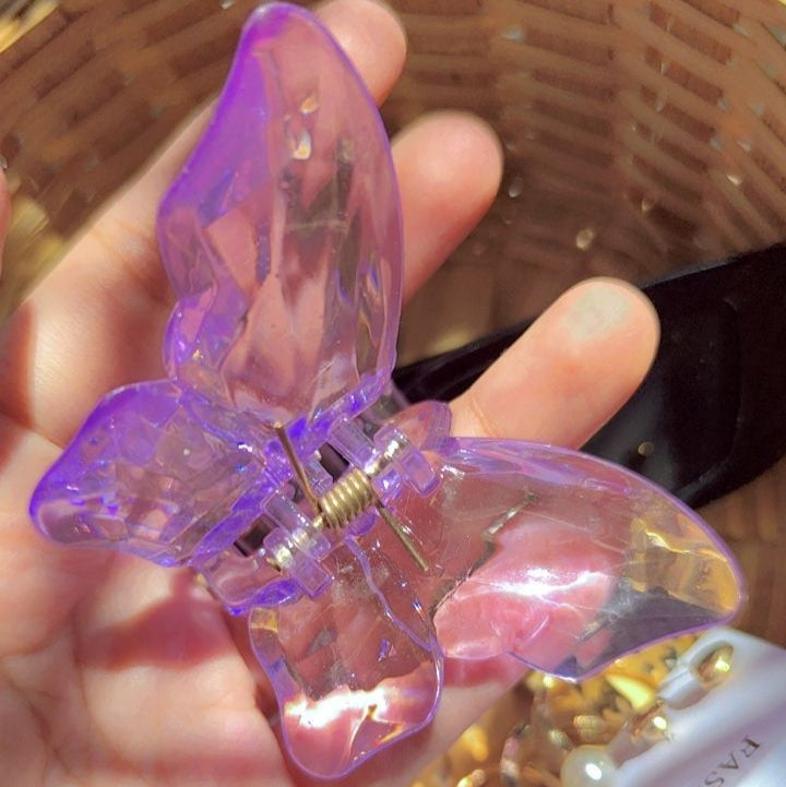 Butterfly-shaped hair clip held by a hand with a blurred background