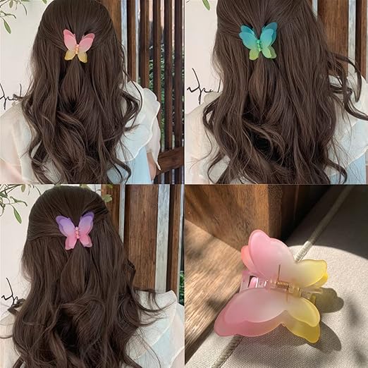 Collage of hair clips with butterfly designs on long brown hair.