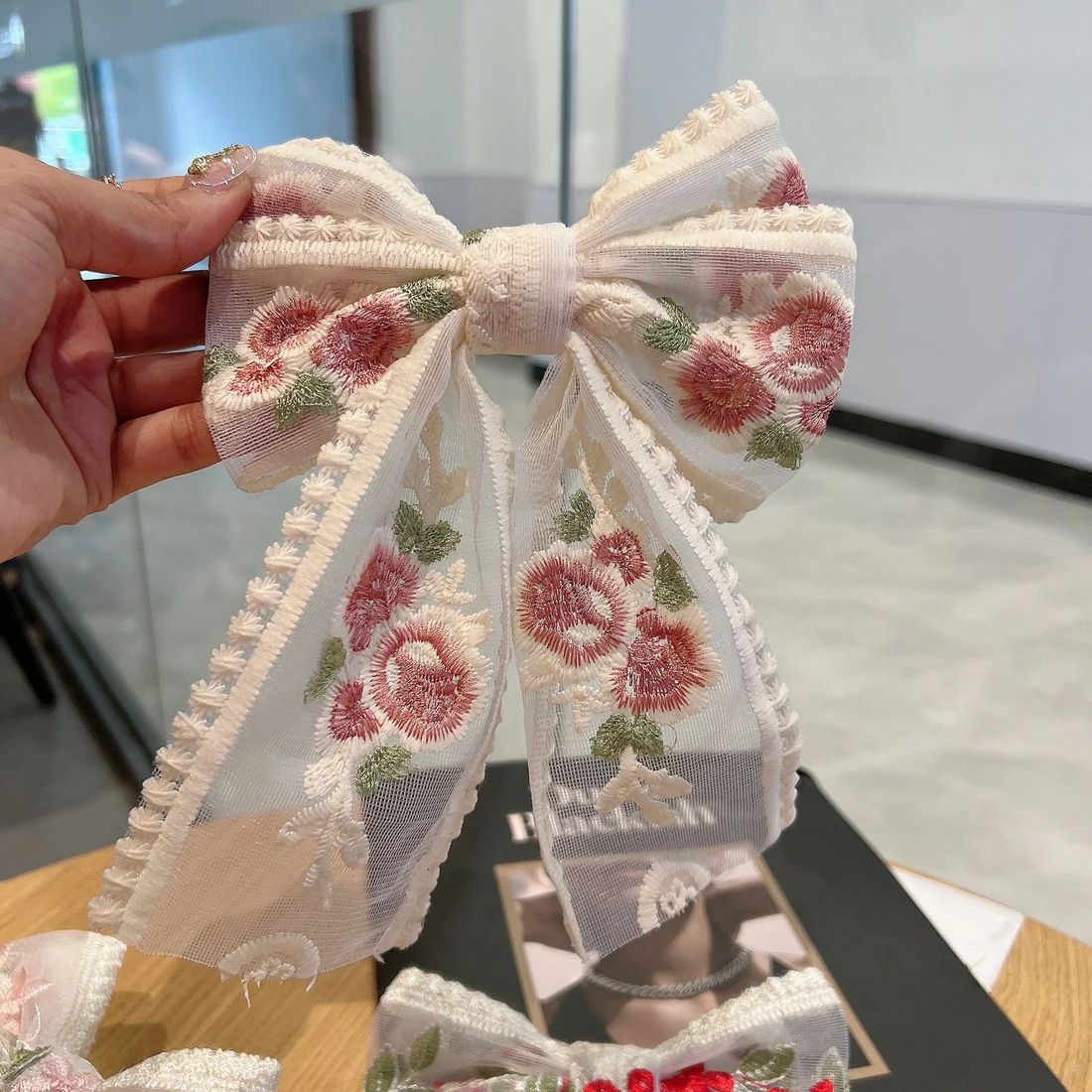 Vintage Rose Embroidered Lace Bow Clip