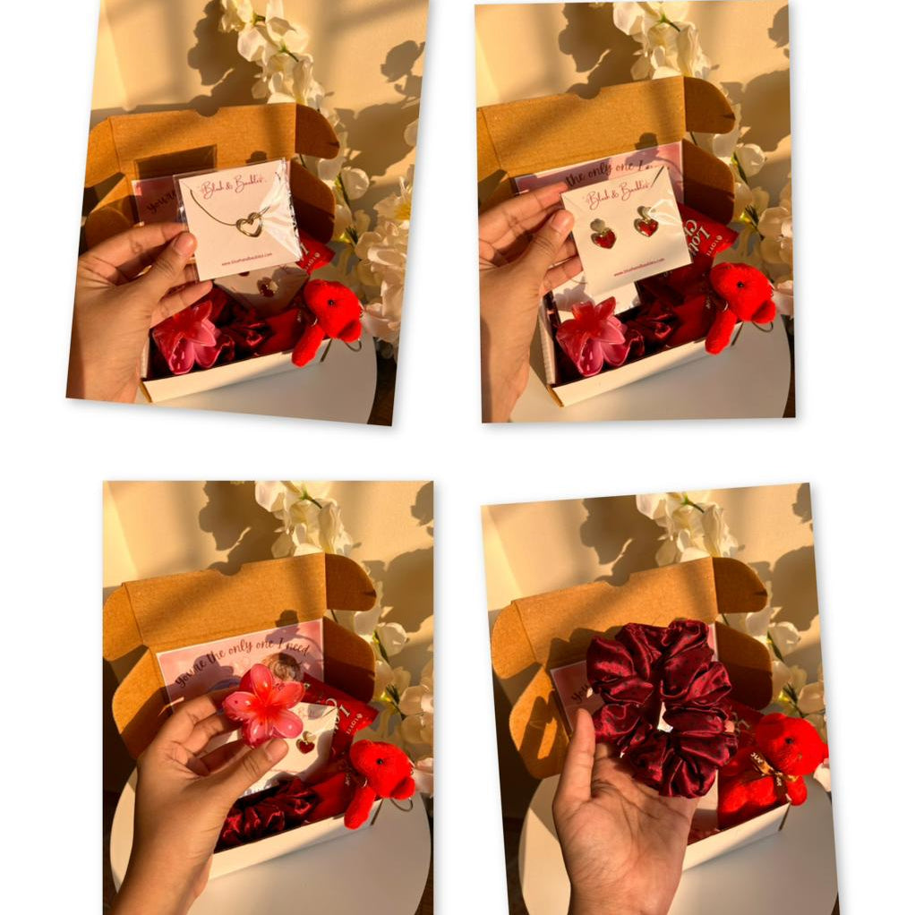 Four images showing a hand holding a box with jewelry and decorative items.