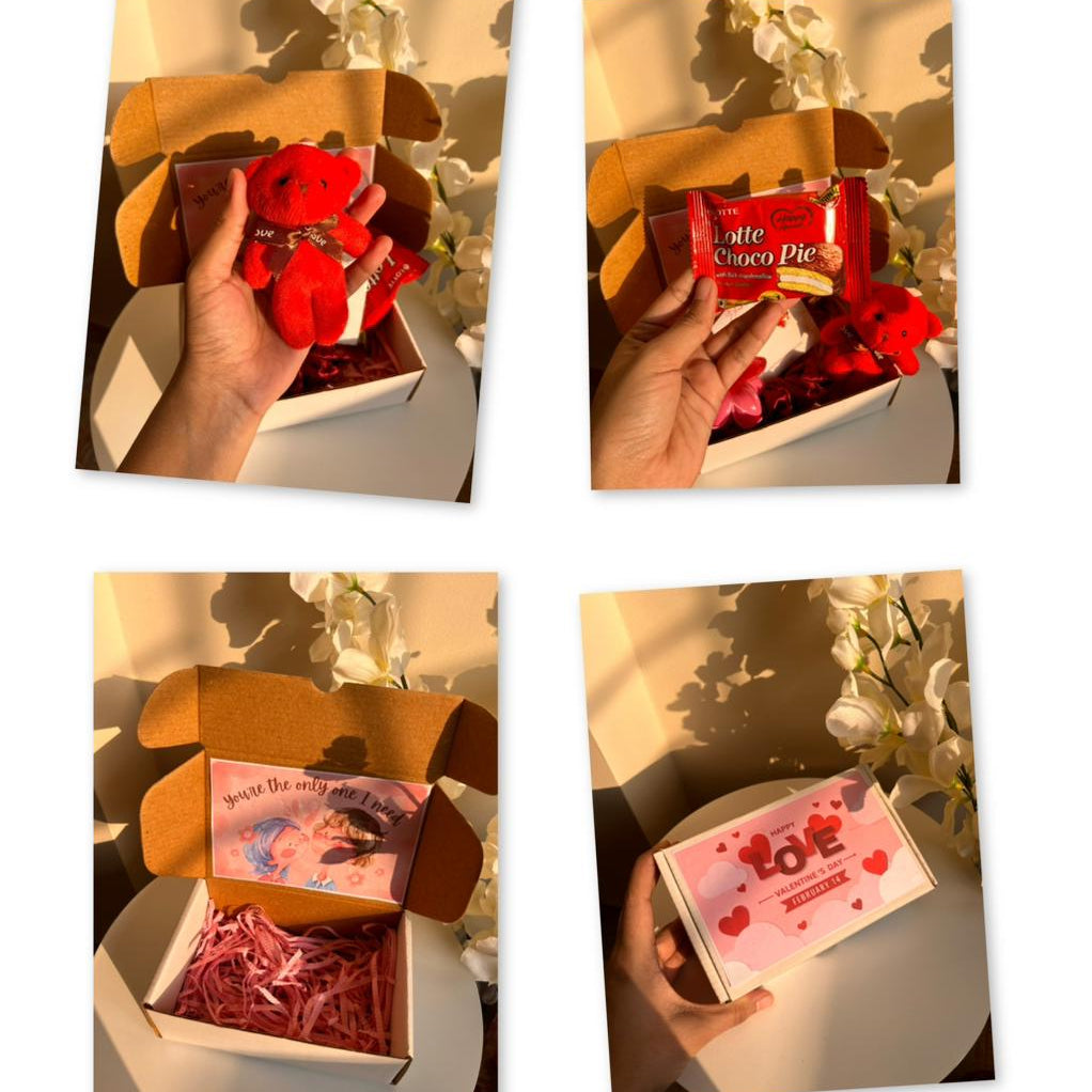 Four images showing a box with red roses, a box of chocolates, and a card with 'Happy Valentine's Day' text.