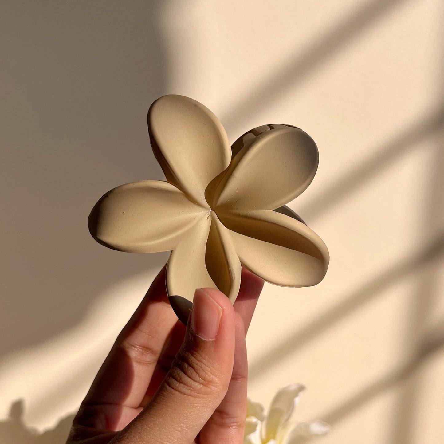 Hand holding a white flower hair clip against a soft, neutral background