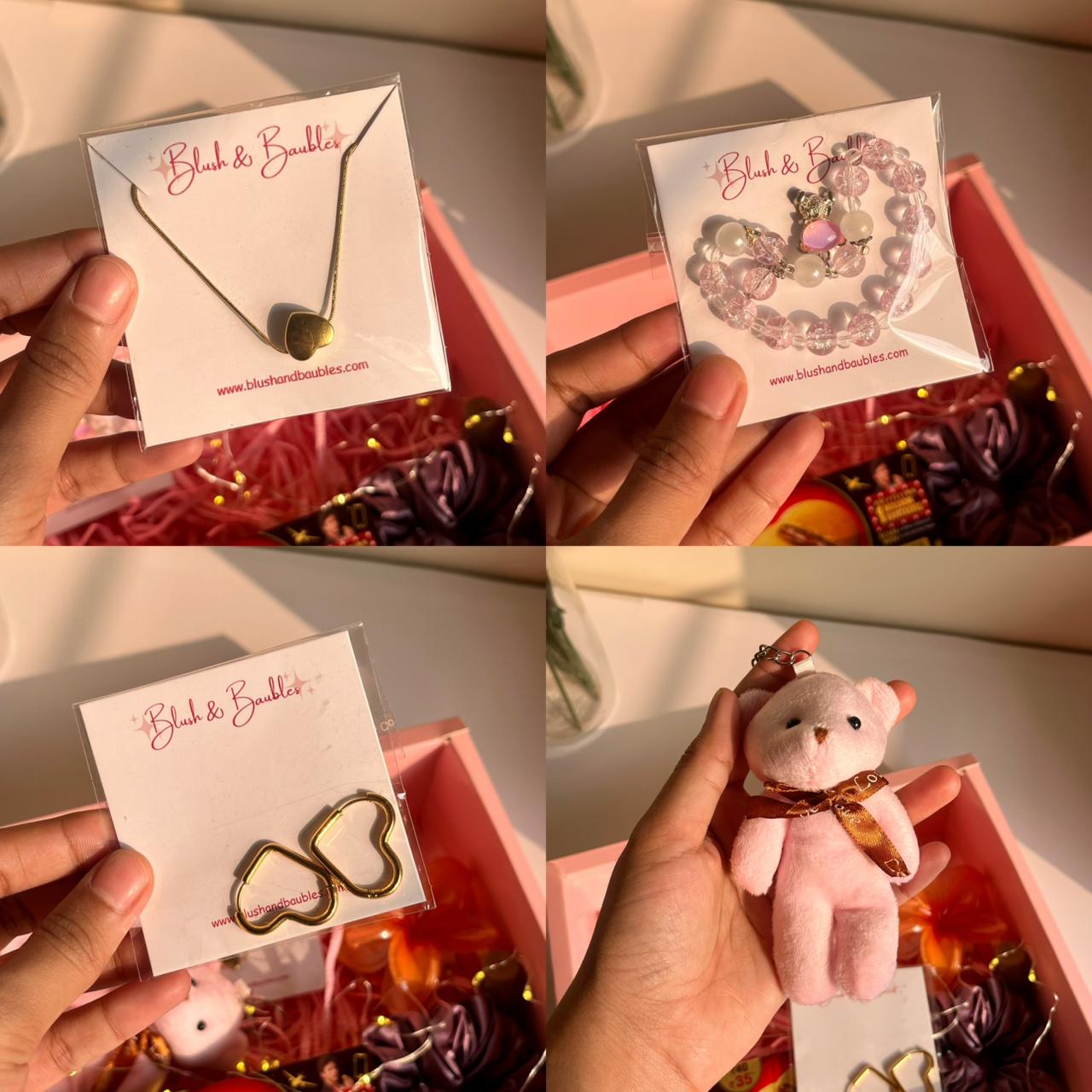 Collage of a hand holding jewelry items and keychain.