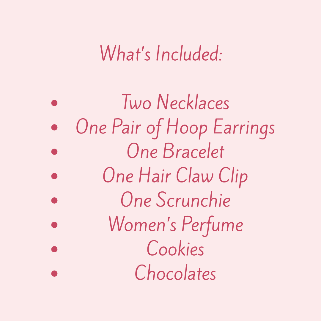 Pink background with a list of included items in red text