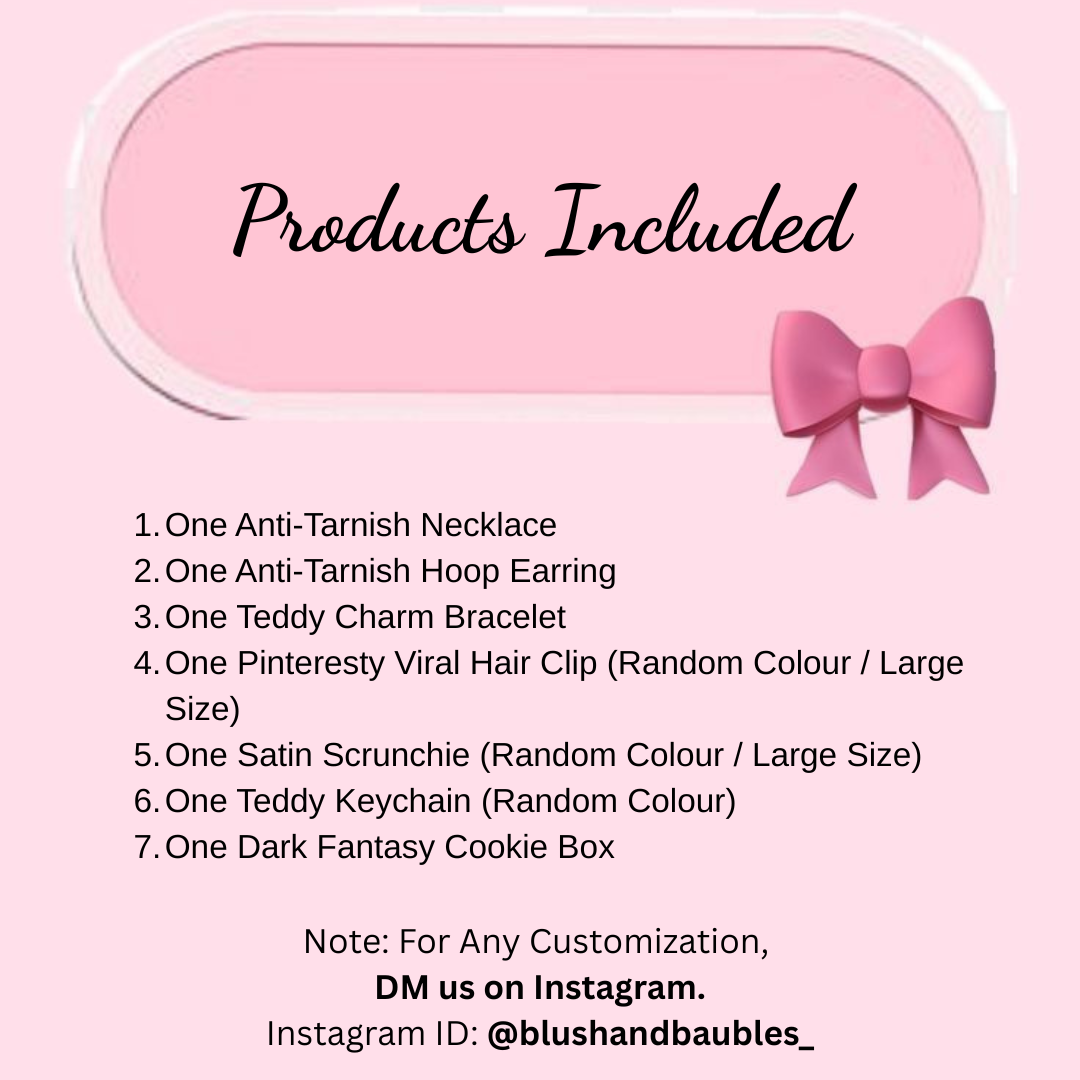 List of products included in a set with a pink bow on a light pink background.