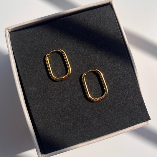 Gold hoop earrings on a black jewelry box with a white background
